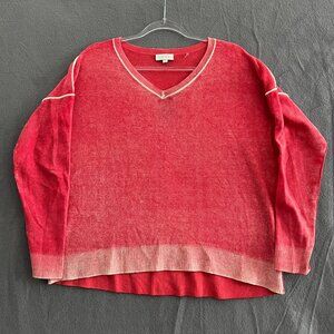 Kinross Cashmere Boxy cut V Neck Sweater perfect for layering pink red